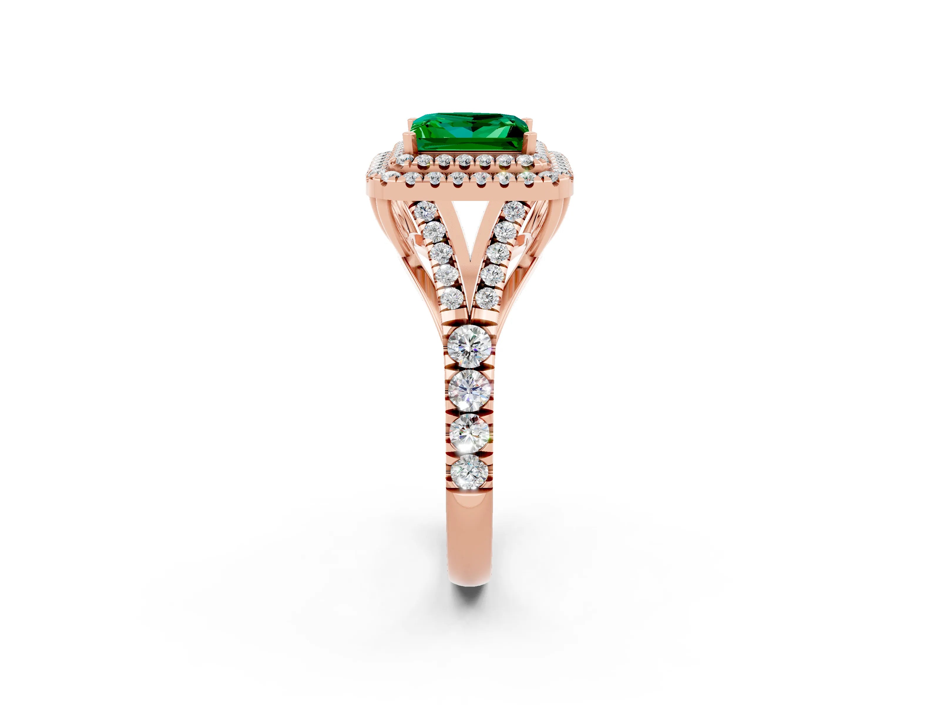Rose gold Princess Cut Emerald Double Halo Ring with Split Shank and Prong Setting_14