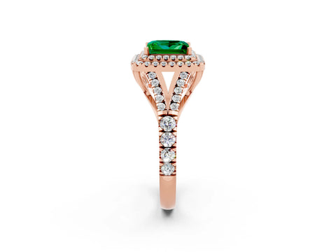 Rose gold Princess Cut Emerald Double Halo Ring with Split Shank and Prong Setting_14