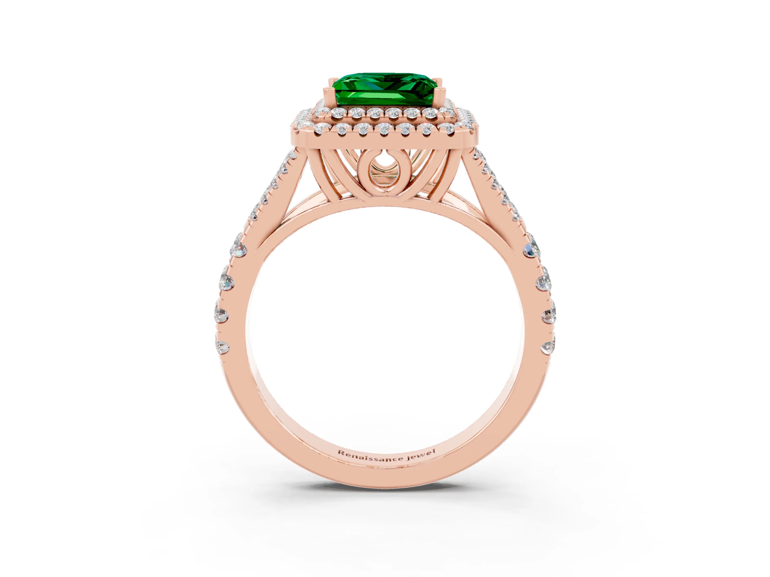 Rose gold Princess Cut Emerald Double Halo Ring with Split Shank and Prong Setting_15