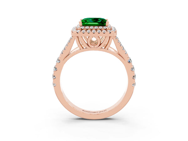 Rose gold Princess Cut Emerald Double Halo Ring with Split Shank and Prong Setting