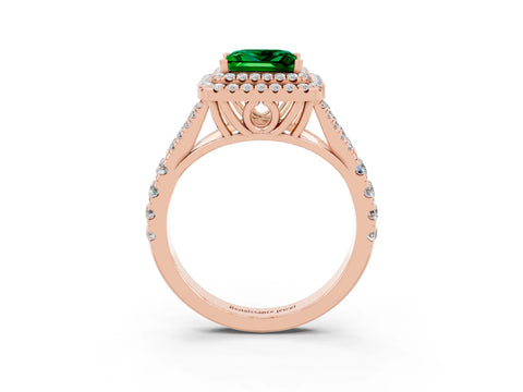 Rose gold Princess Cut Emerald Double Halo Ring with Split Shank and Prong Setting_15