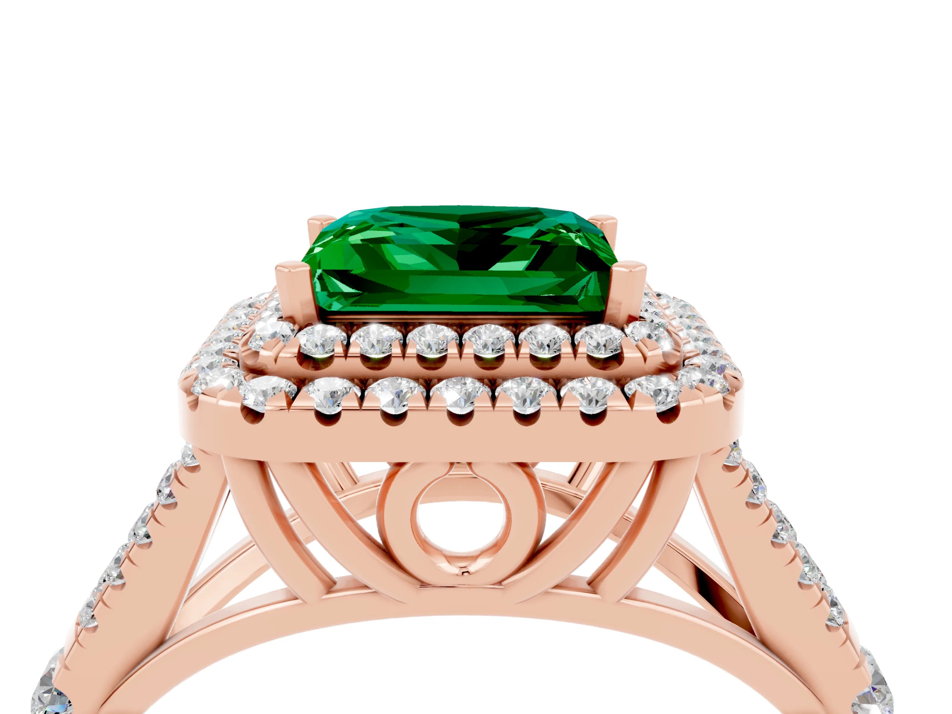 Rose gold Princess Cut Emerald Double Halo Ring with Split Shank and Prong Setting_16