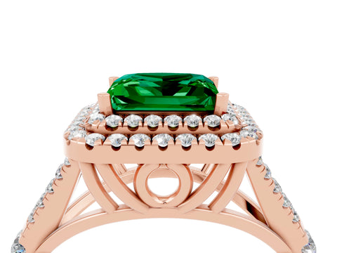 Rose gold Princess Cut Emerald Double Halo Ring with Split Shank and Prong Setting_16
