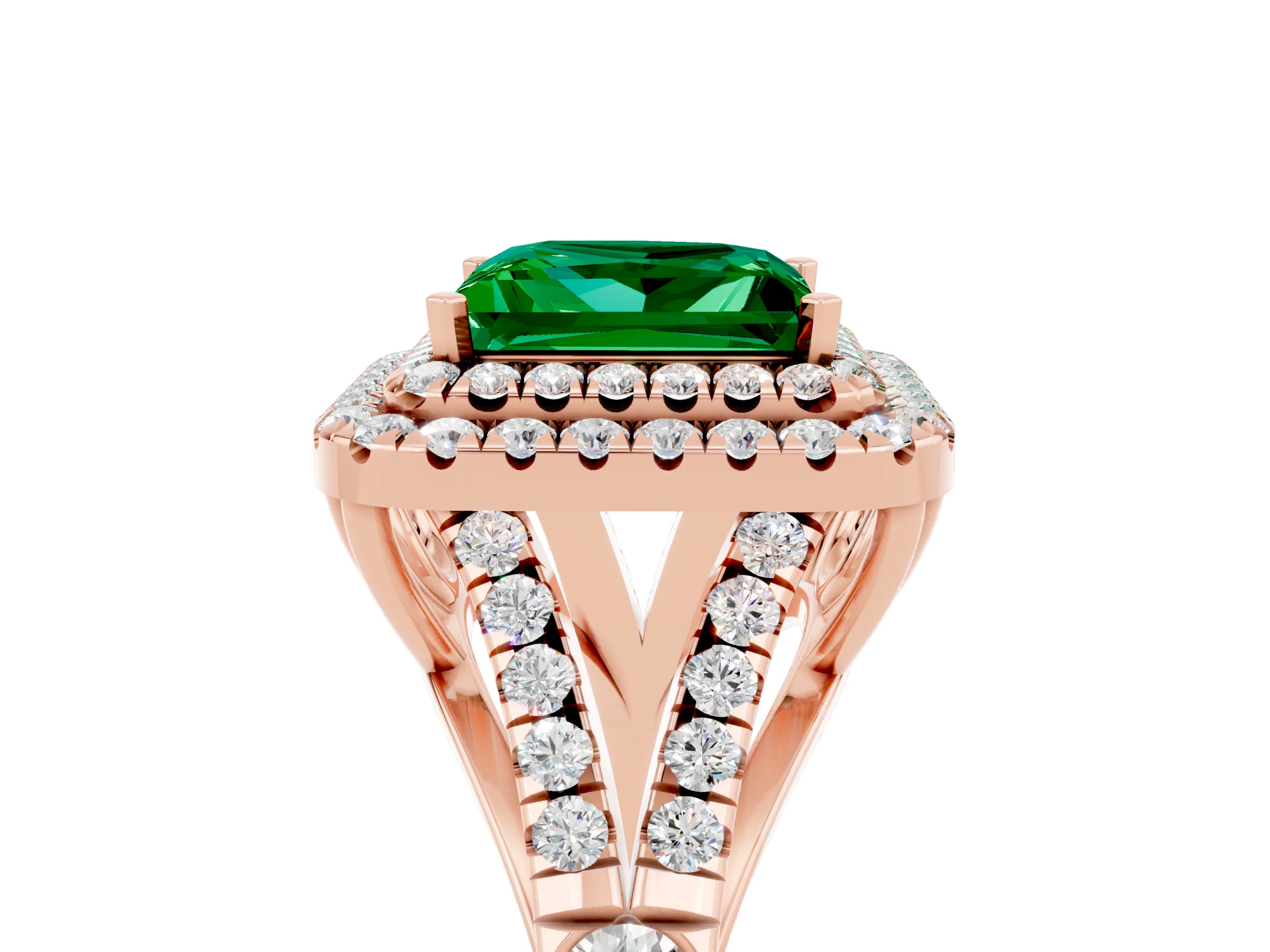 Rose gold Princess Cut Emerald Double Halo Ring with Split Shank and Prong Setting_17
