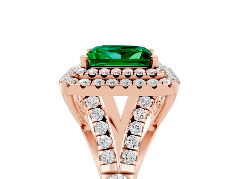 Rose gold Princess Cut Emerald Double Halo Ring with Split Shank and Prong Setting_17