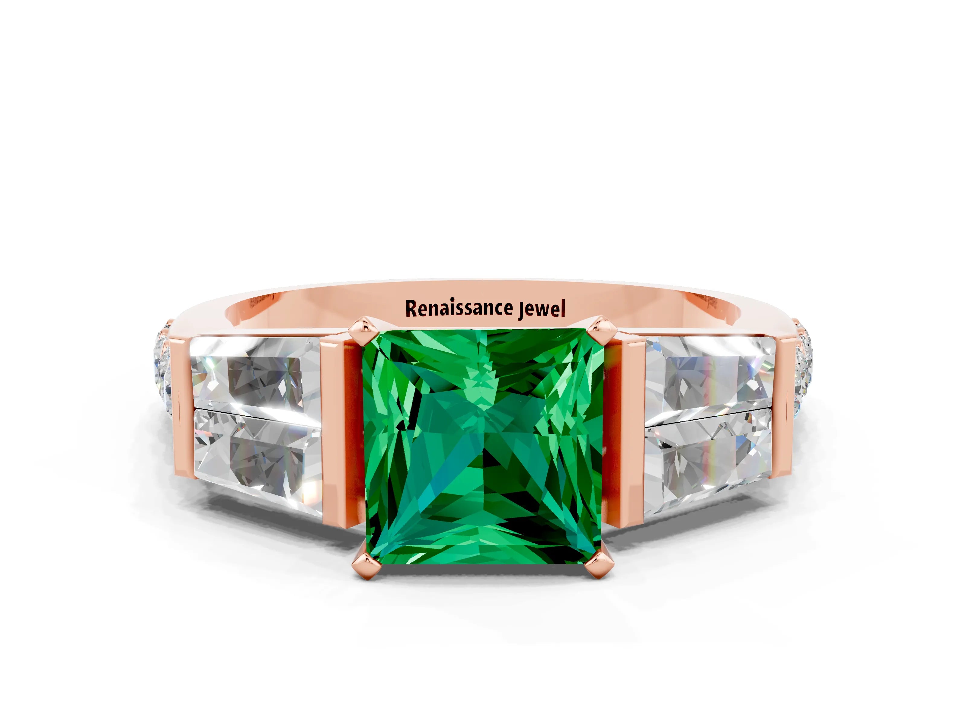 Rose gold Princess Cut Emerald Engagement Ring with Baguette Side Stones and Channel Set Band