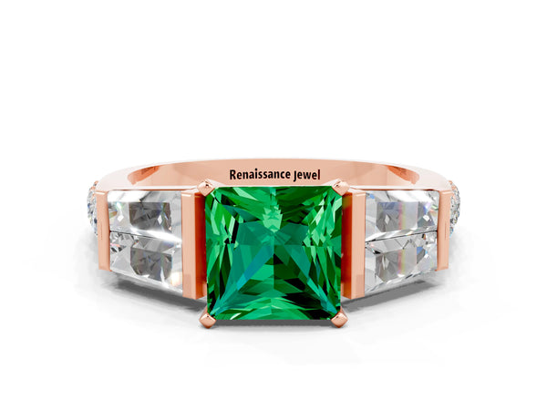 Rose gold Princess Cut Emerald Engagement Ring with Baguette Side Stones and Channel Set Band