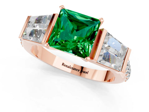 Rose gold Princess Cut Emerald Engagement Ring with Baguette Side Stones and Channel Set Band_1