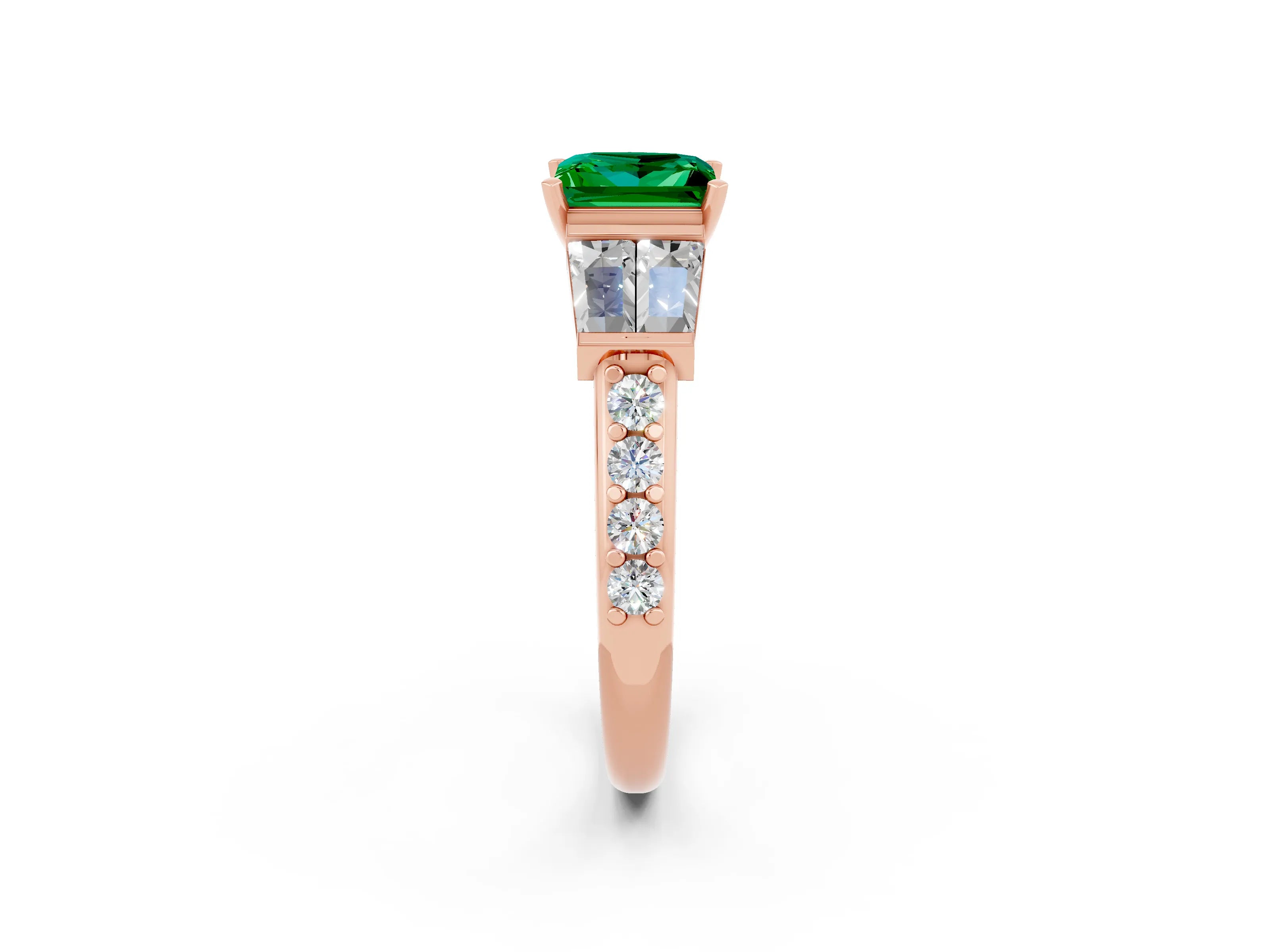 Rose gold Princess Cut Emerald Engagement Ring with Baguette Side Stones and Channel Set Band_2