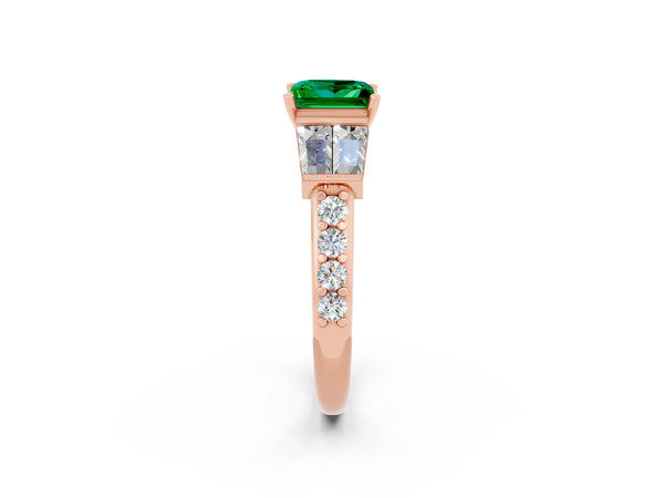 Rose gold Princess Cut Emerald Engagement Ring with Baguette Side Stones and Channel Set Band