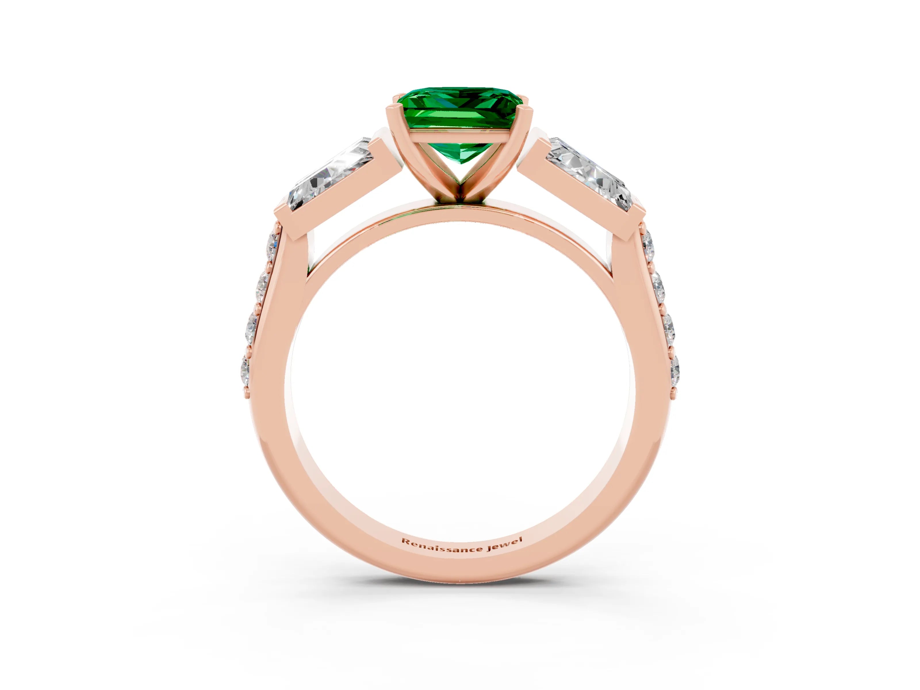 Rose gold Princess Cut Emerald Engagement Ring with Baguette Side Stones and Channel Set Band_3