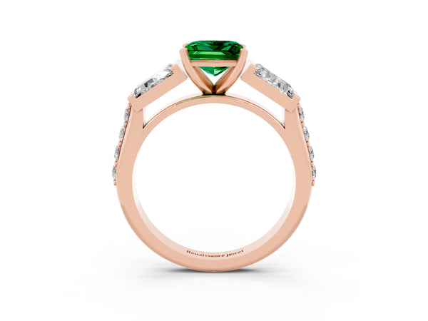 Rose gold Princess Cut Emerald Engagement Ring with Baguette Side Stones and Channel Set Band
