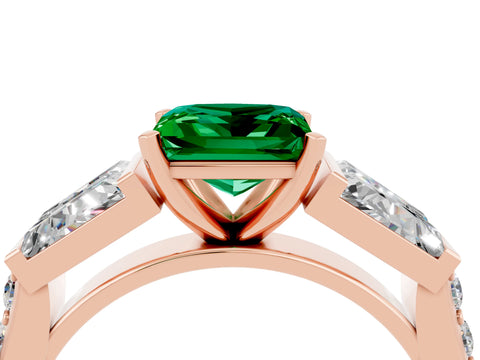Rose gold Princess Cut Emerald Engagement Ring with Baguette Side Stones and Channel Set Band_4