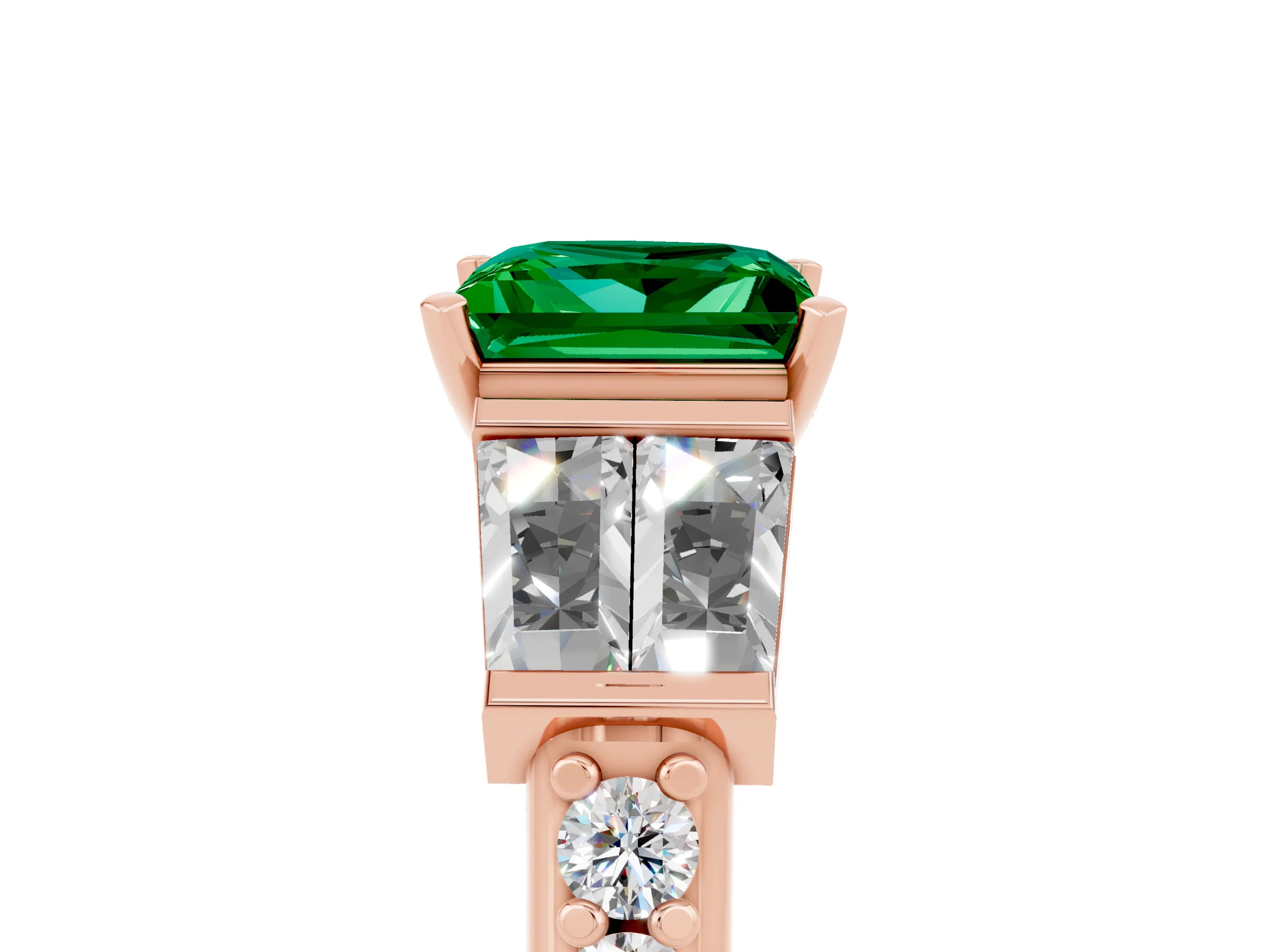Rose gold Princess Cut Emerald Engagement Ring with Baguette Side Stones and Channel Set Band_5