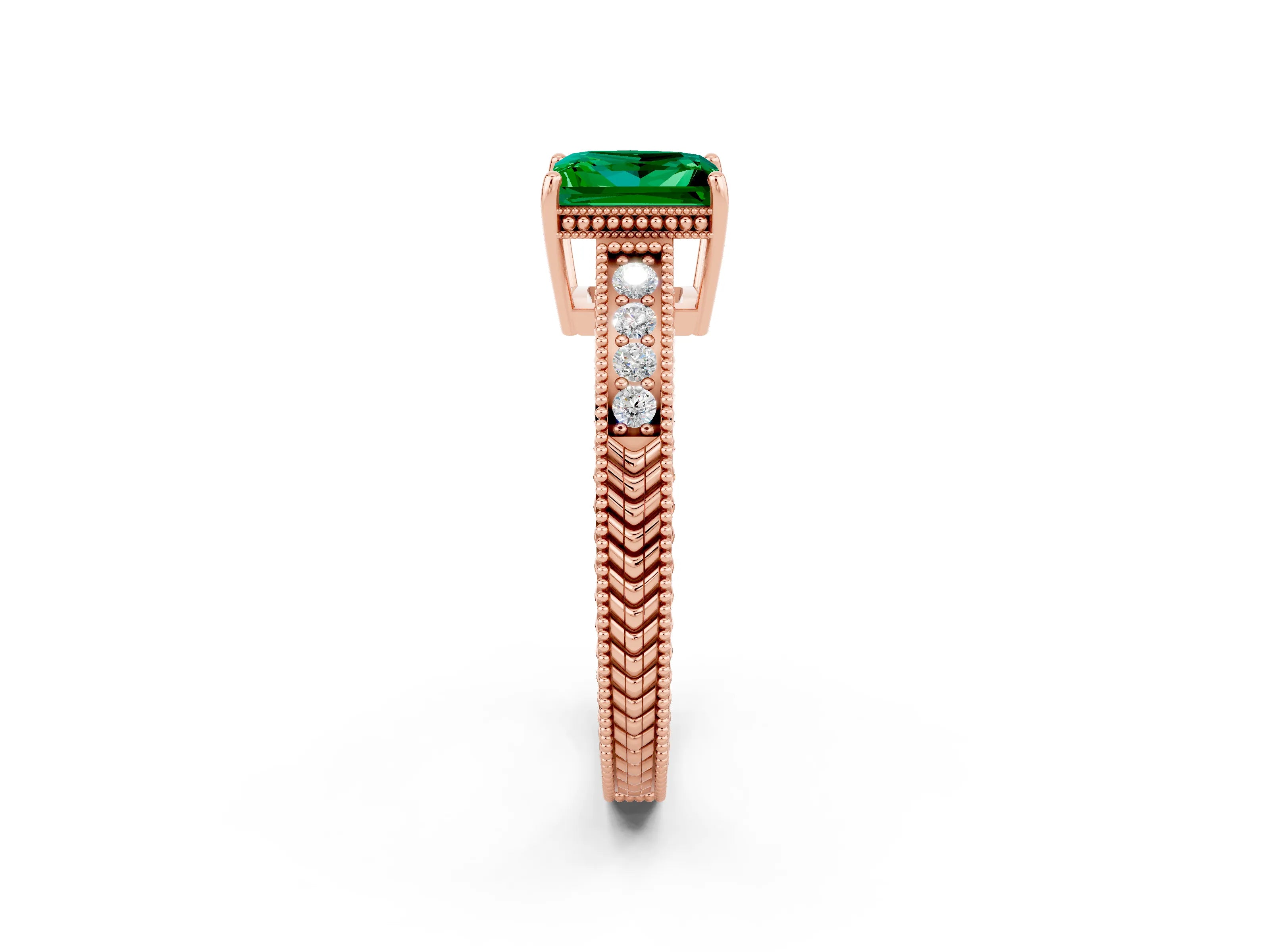 Rose gold Princess Cut Emerald Engagement Ring with Milgrain Channel Set Band and Prong Setting_2