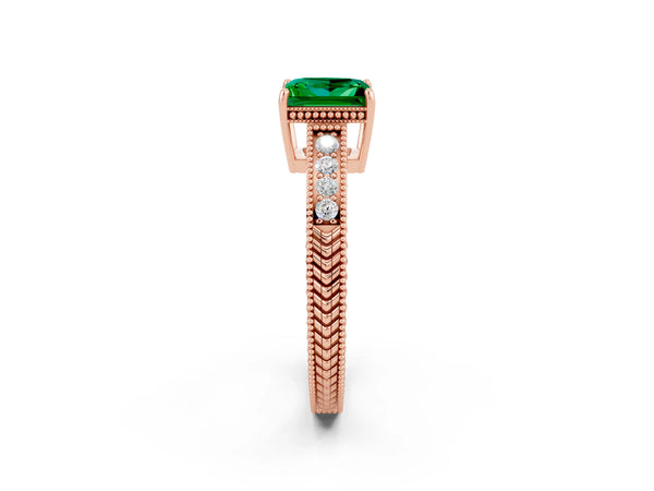 Rose gold Princess Cut Emerald Engagement Ring with Milgrain Channel Set Band and Prong Setting