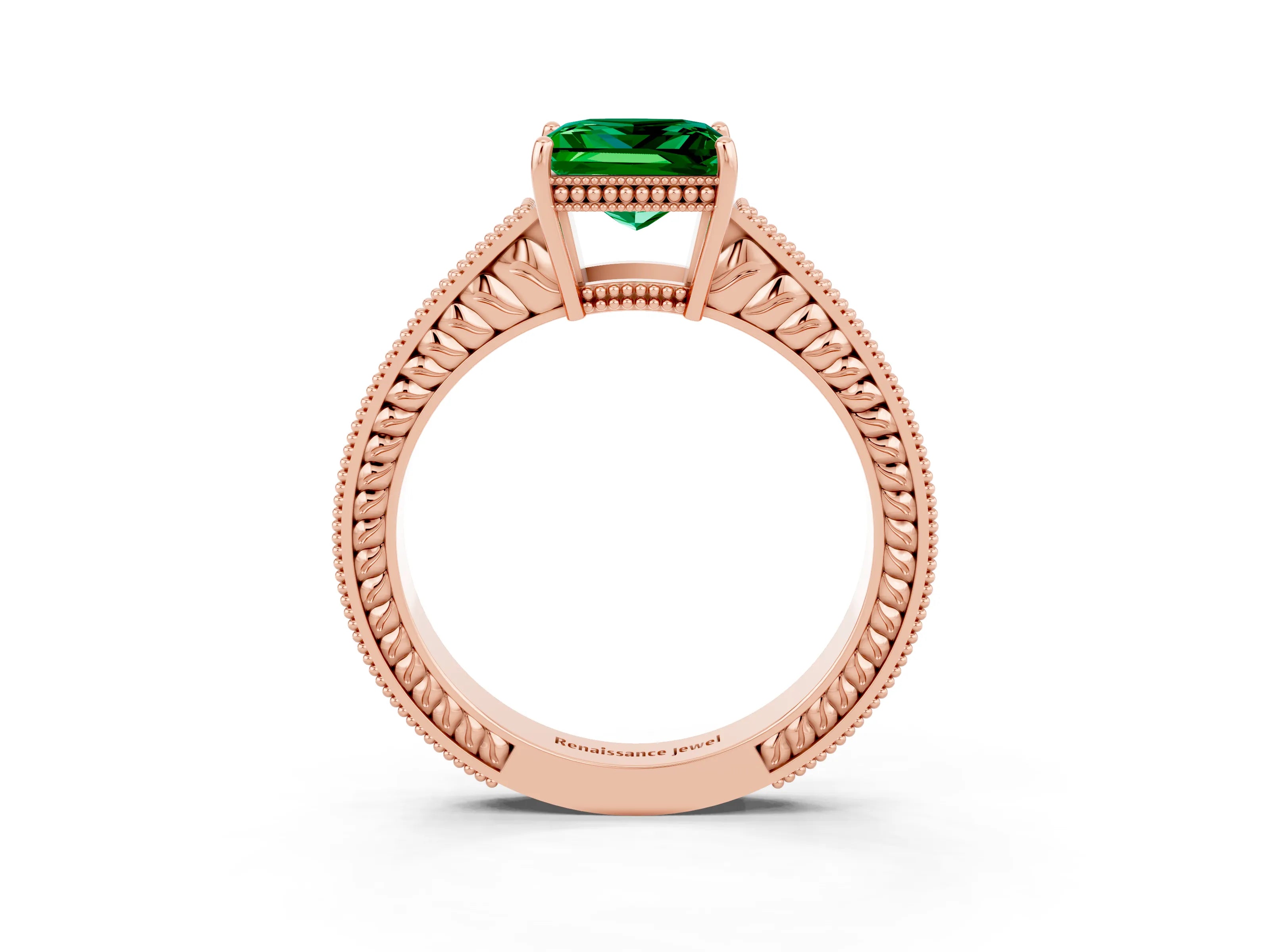 Rose gold Princess Cut Emerald Engagement Ring with Milgrain Channel Set Band and Prong Setting_3