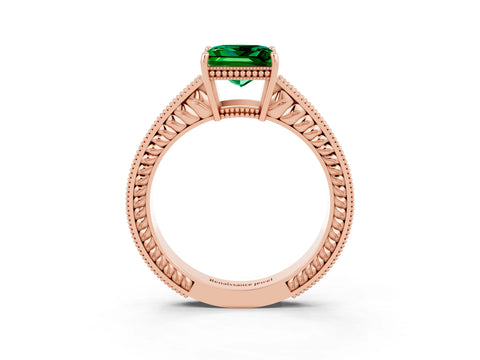 Rose gold Princess Cut Emerald Engagement Ring with Milgrain Channel Set Band and Prong Setting_3