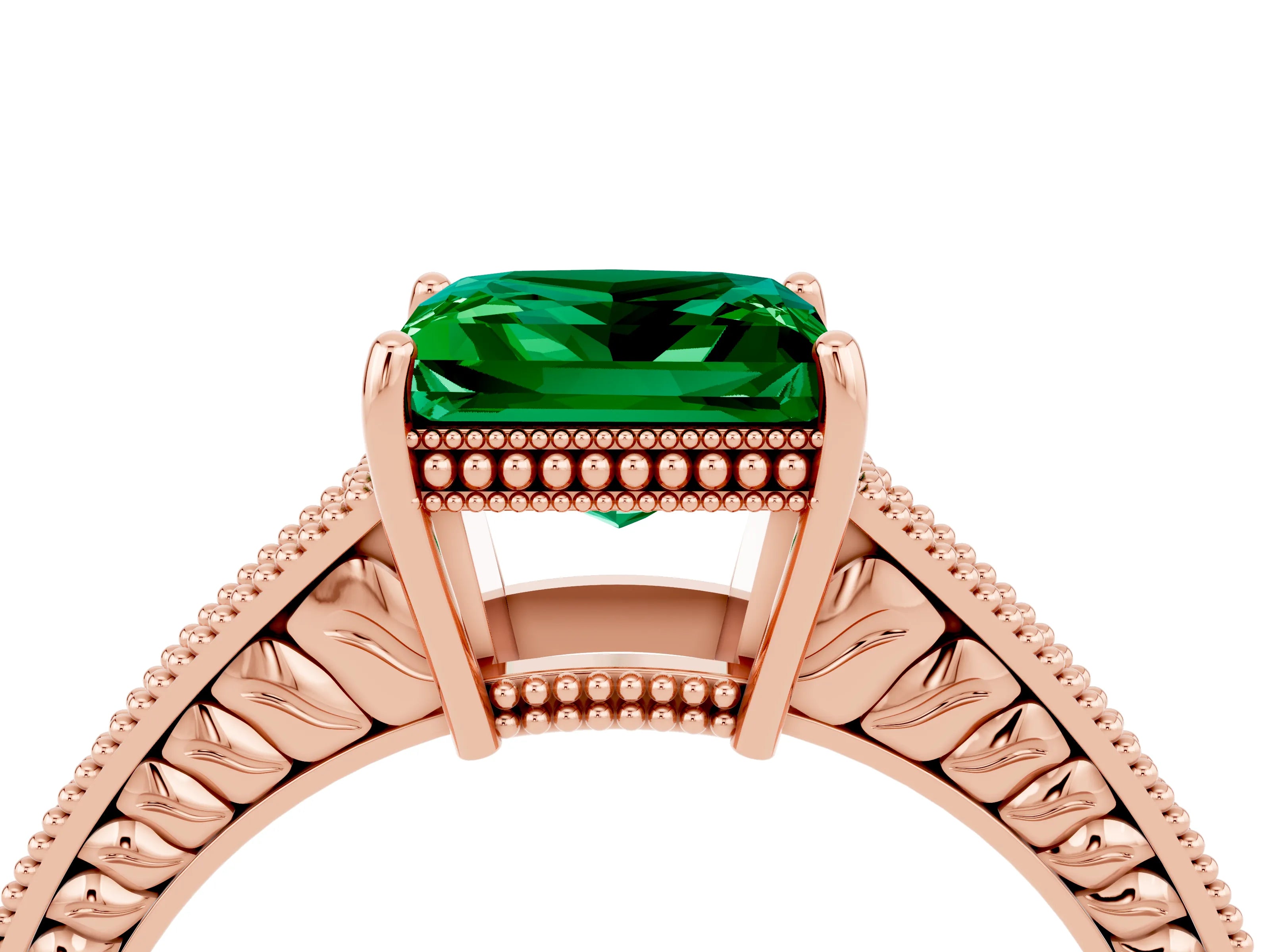 Rose gold Princess Cut Emerald Engagement Ring with Milgrain Channel Set Band and Prong Setting_4