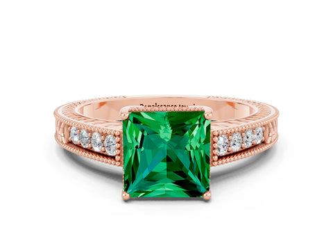 Rose gold Princess Cut Emerald Engagement Ring with Milgrain Channel Set Band and Prong Setting