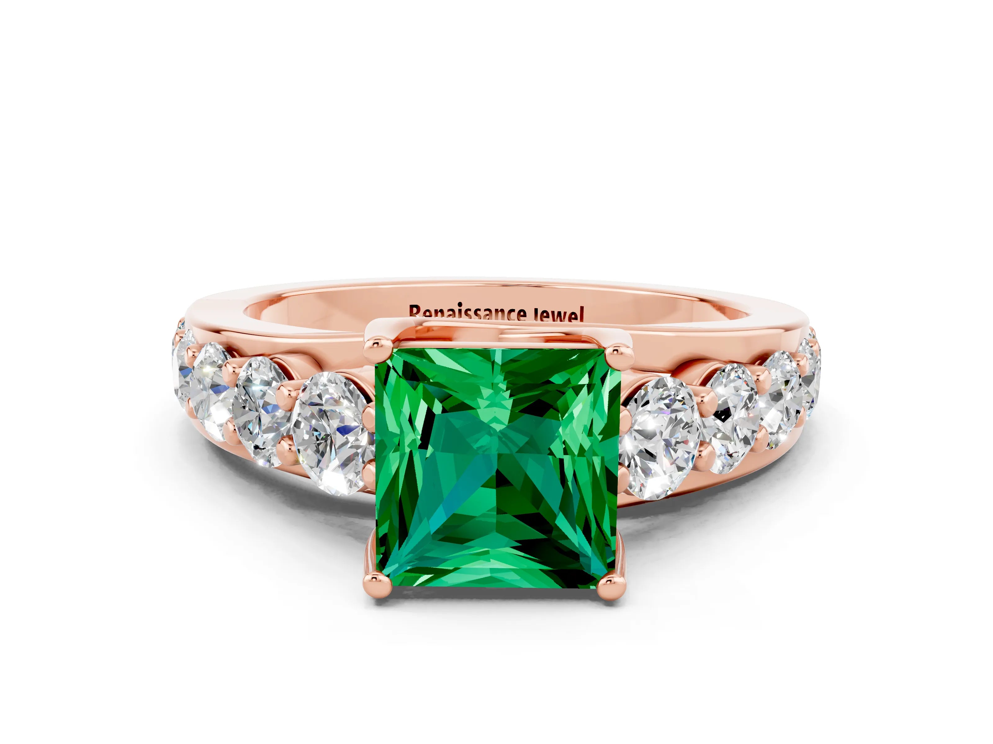Rose gold Princess Cut Emerald Engagement Ring with Pavé Band and Four-Prong Setting