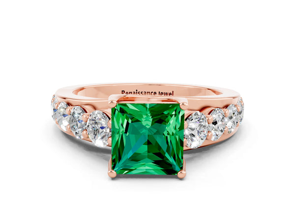 Rose gold Princess Cut Emerald Engagement Ring with Pavé Band and Four-Prong Setting