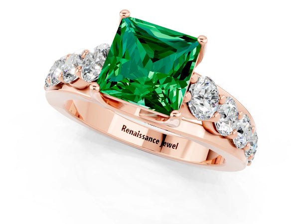 Rose gold Princess Cut Emerald Engagement Ring with Pavé Band and Four-Prong Setting
