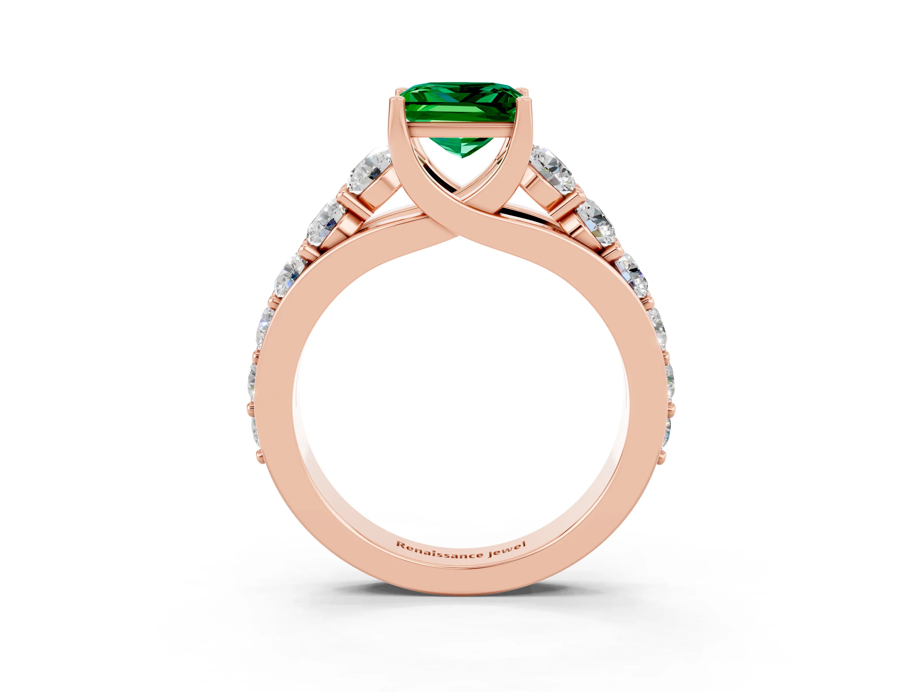 Rose gold Princess Cut Emerald Engagement Ring with Pavé Band and Four-Prong Setting_3
