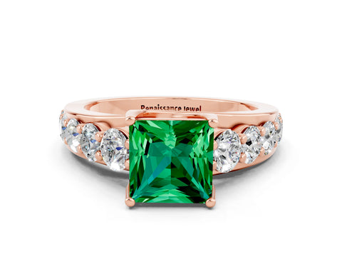 Rose gold Princess Cut Emerald Engagement Ring with Pavé Band and Four-Prong Setting