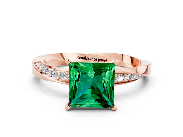 Rose gold Princess Cut Emerald Engagement Ring with Side Stone Accents and Four-Prong Setting