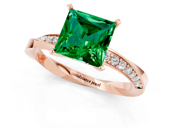 Rose gold Princess Cut Emerald Engagement Ring with Side Stone Accents and Four-Prong Setting