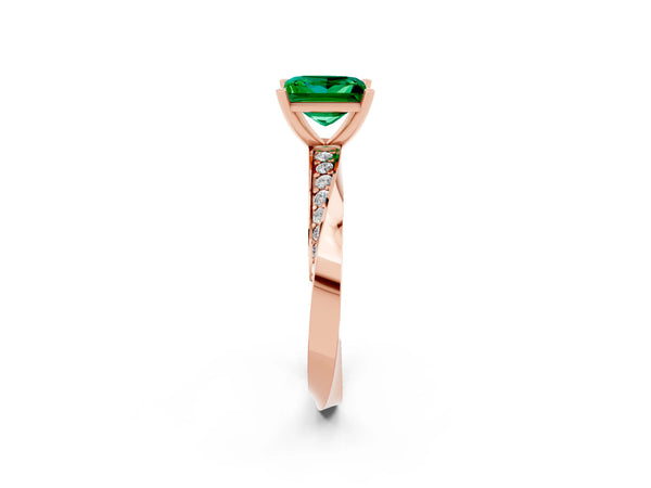 Rose gold Princess Cut Emerald Engagement Ring with Side Stone Accents and Four-Prong Setting