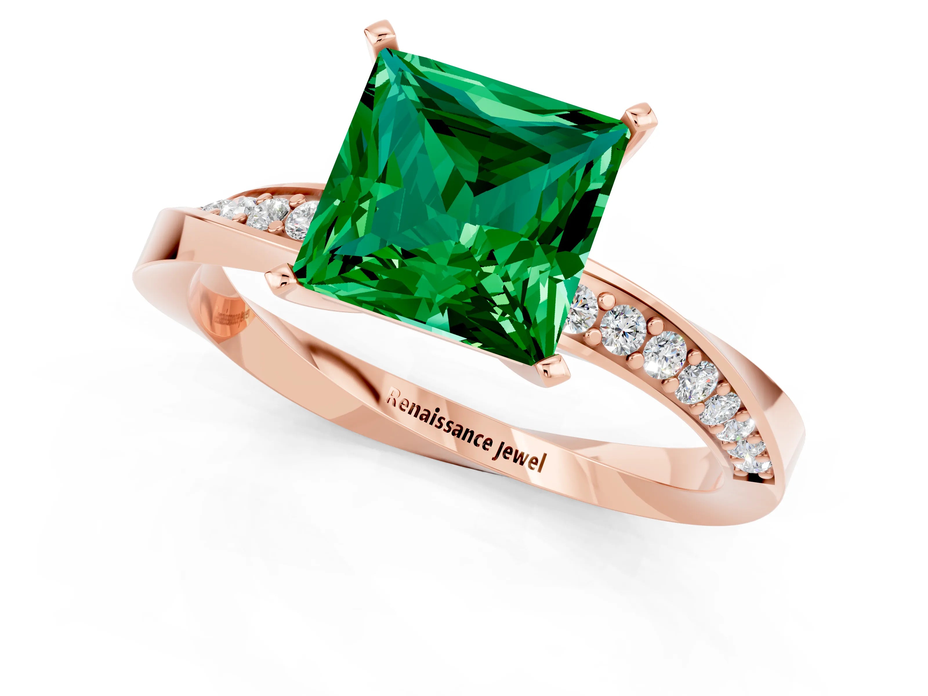 Rose gold Princess Cut Emerald Engagement Ring with Side Stone Accents and Four-Prong Setting_28