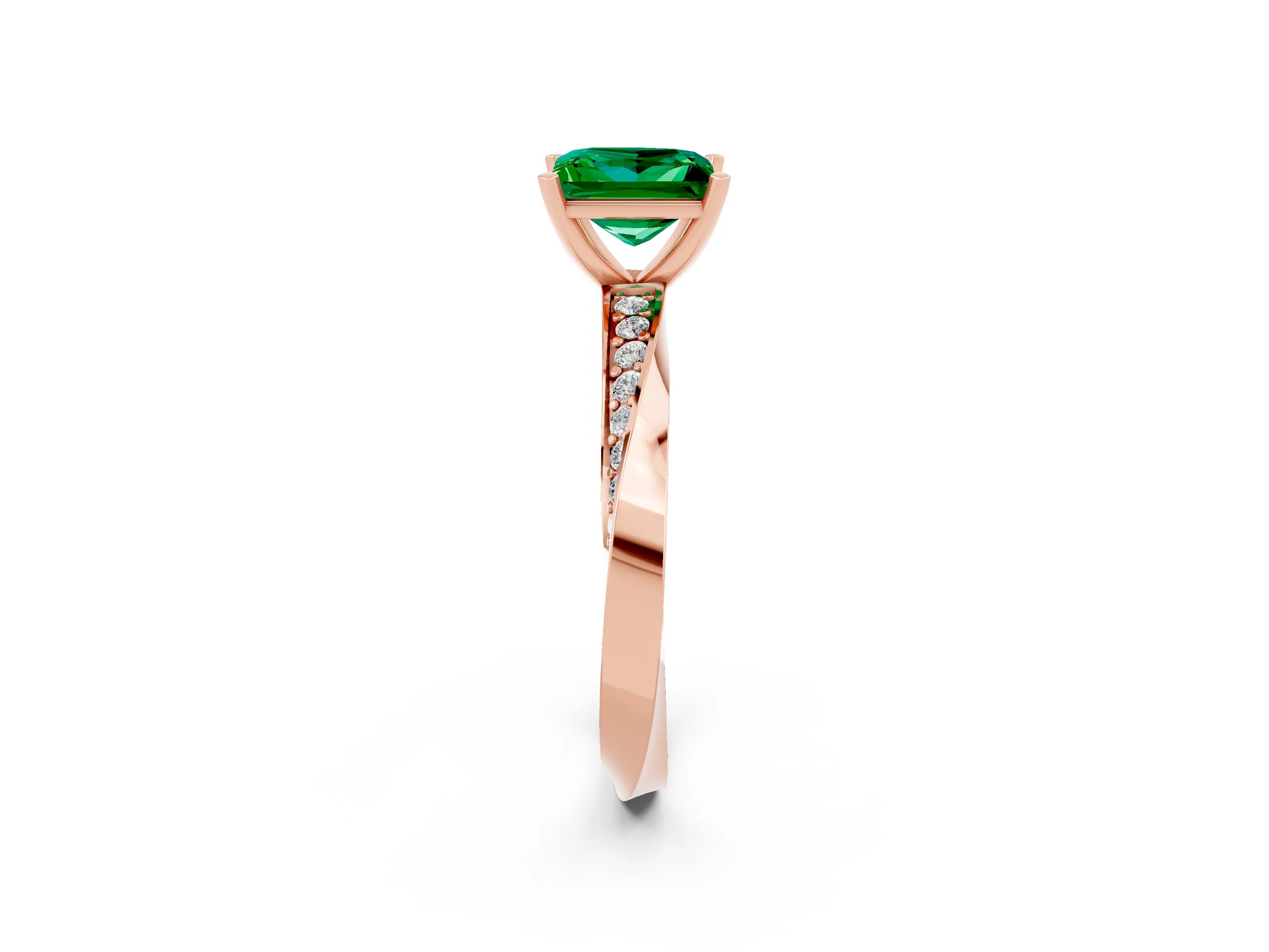 Rose gold Princess Cut Emerald Engagement Ring with Side Stone Accents and Four-Prong Setting_29