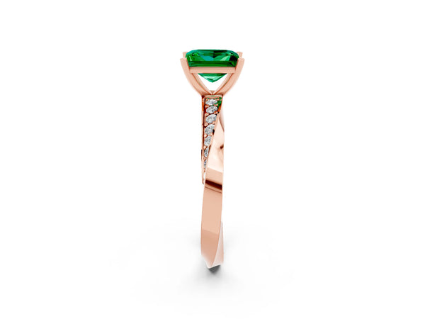 Rose gold Princess Cut Emerald Engagement Ring with Side Stone Accents and Four-Prong Setting