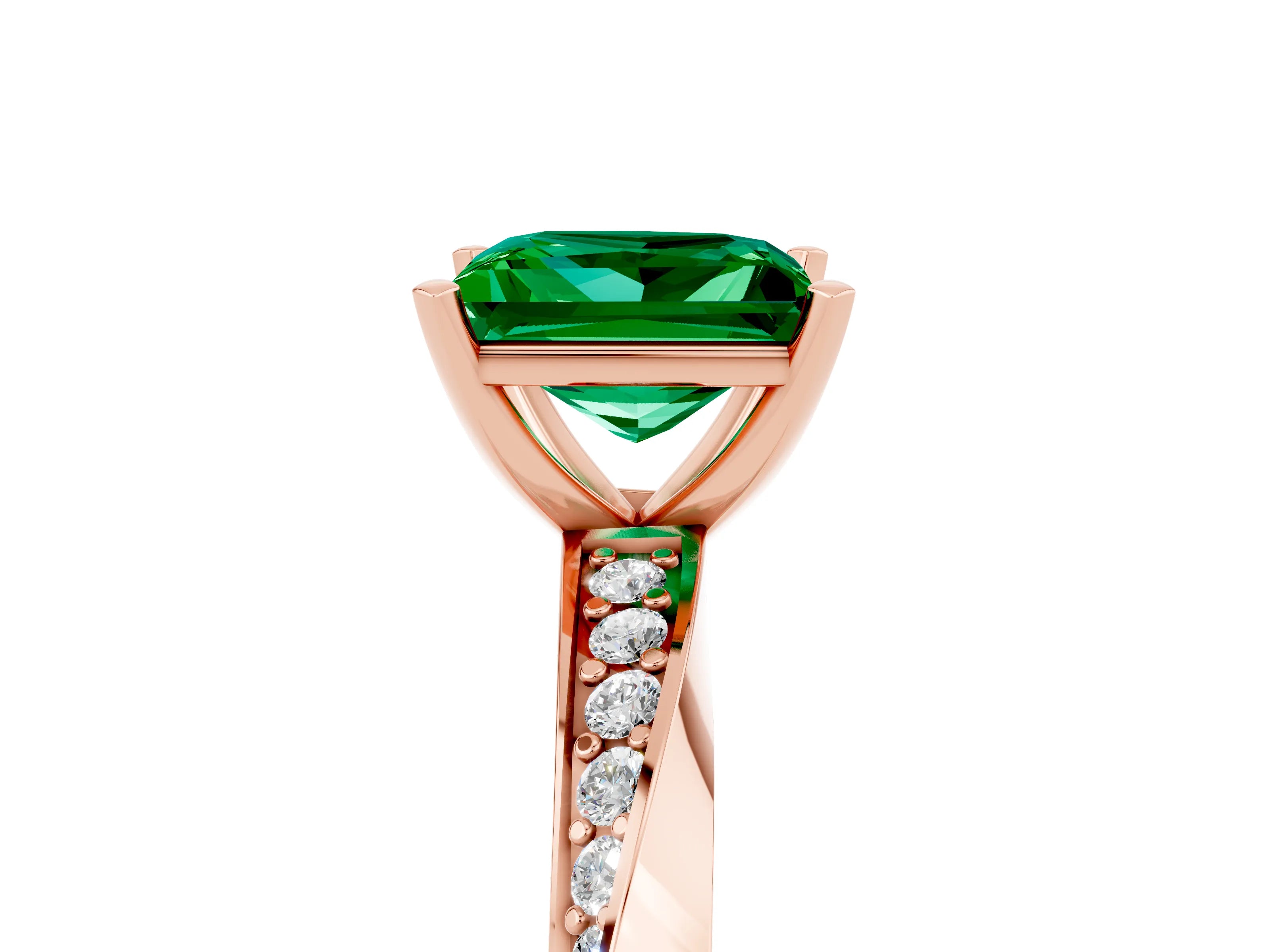 Rose gold Princess Cut Emerald Engagement Ring with Side Stone Accents and Four-Prong Setting_32