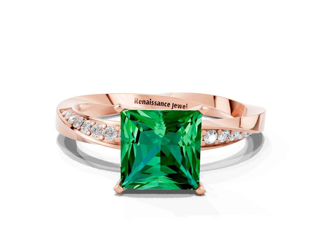 Rose gold Princess Cut Emerald Engagement Ring with Side Stone Accents and Four-Prong Setting_60