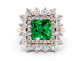 Rose gold Princess Cut Emerald Floral Double Halo Engagement Ring with Prong Setting_12