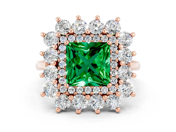 Rose gold Princess Cut Emerald Floral Double Halo Engagement Ring with Prong Setting