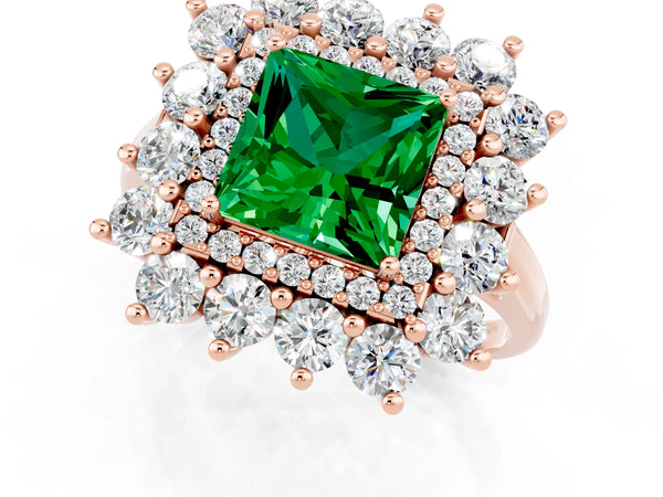 Rose gold Princess Cut Emerald Floral Double Halo Engagement Ring with Prong Setting