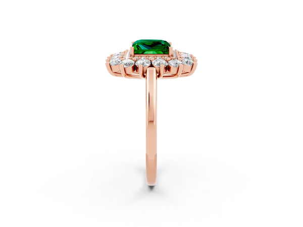Rose gold Princess Cut Emerald Floral Double Halo Engagement Ring with Prong Setting