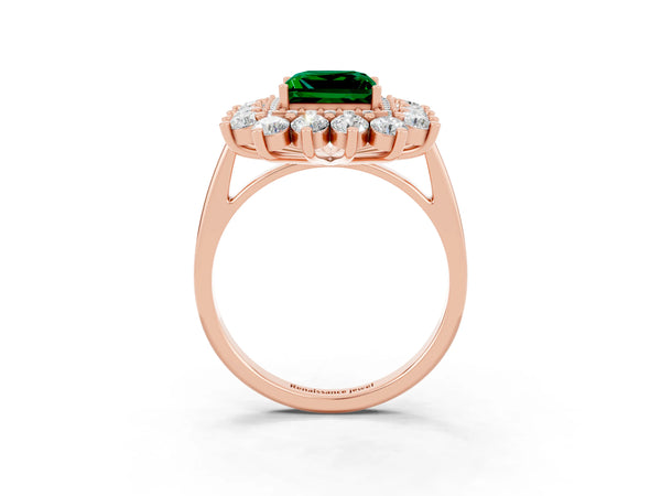 Rose gold Princess Cut Emerald Floral Double Halo Engagement Ring with Prong Setting