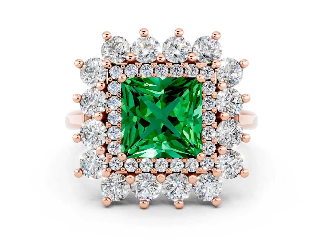 Rose gold Princess Cut Emerald Floral Double Halo Engagement Ring with Prong Setting_60
