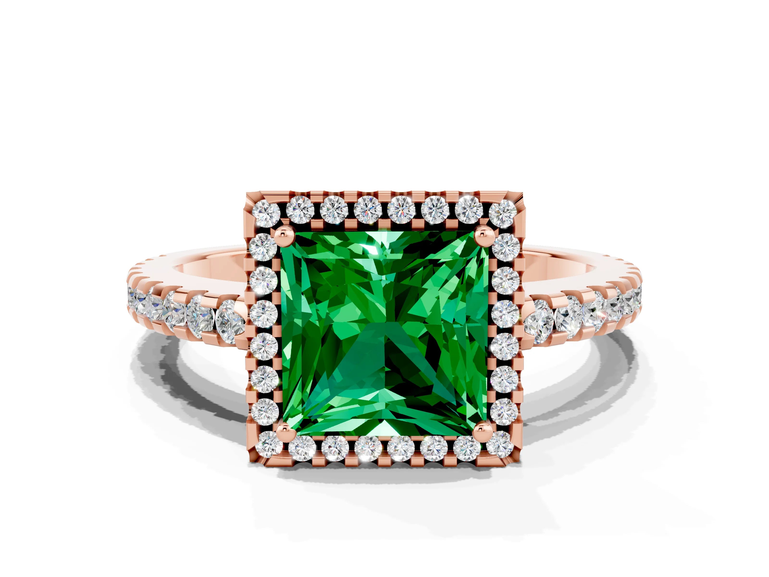 Rose gold Princess Cut Emerald Halo Engagement Ring with Pavé Band and Prong Setting_12