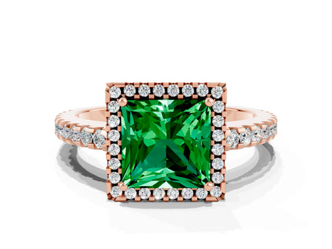 Rose gold Princess Cut Emerald Halo Engagement Ring with Pavé Band and Prong Setting_12