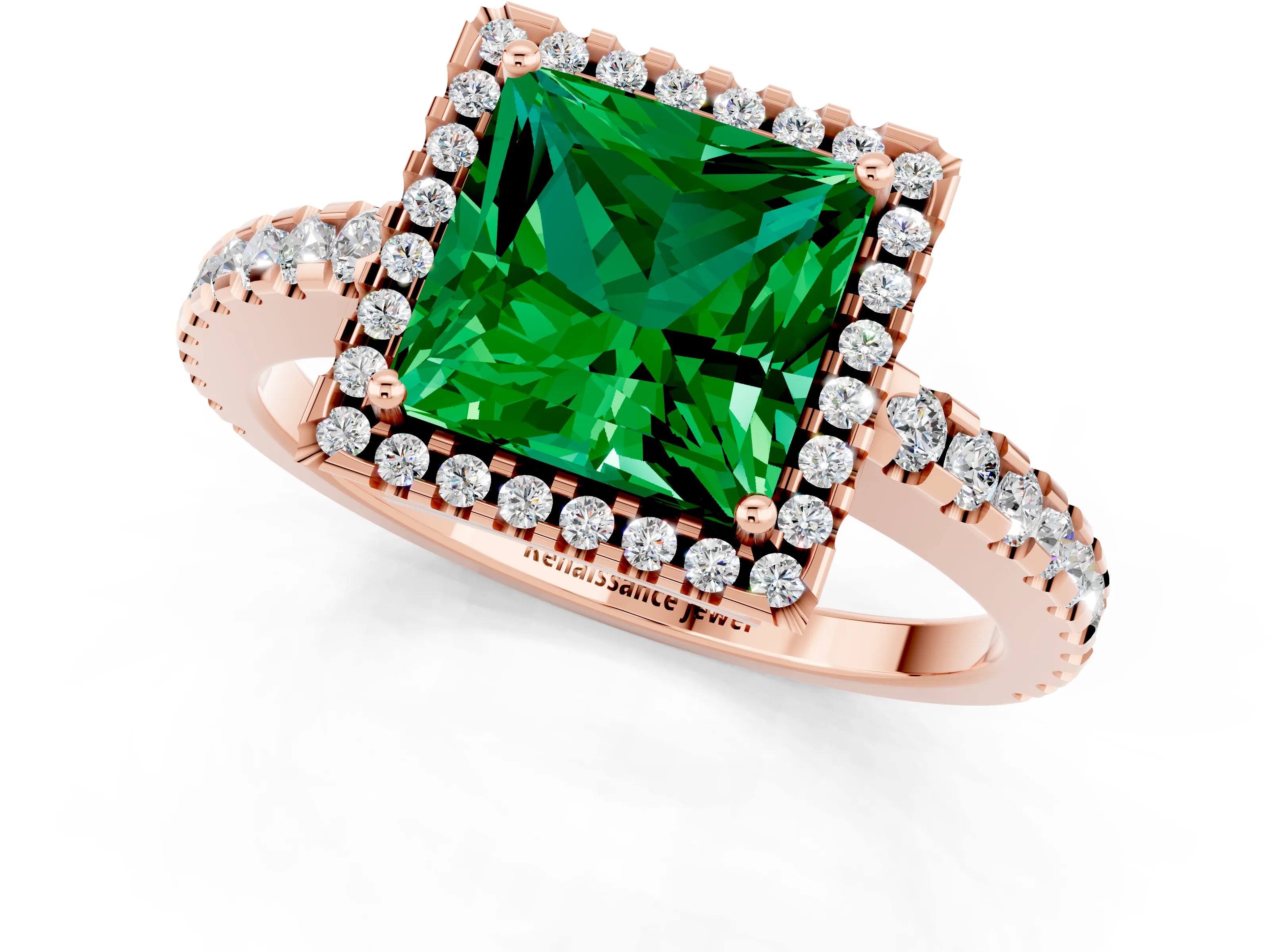 Rose gold Princess Cut Emerald Halo Engagement Ring with Pavé Band and Prong Setting_13