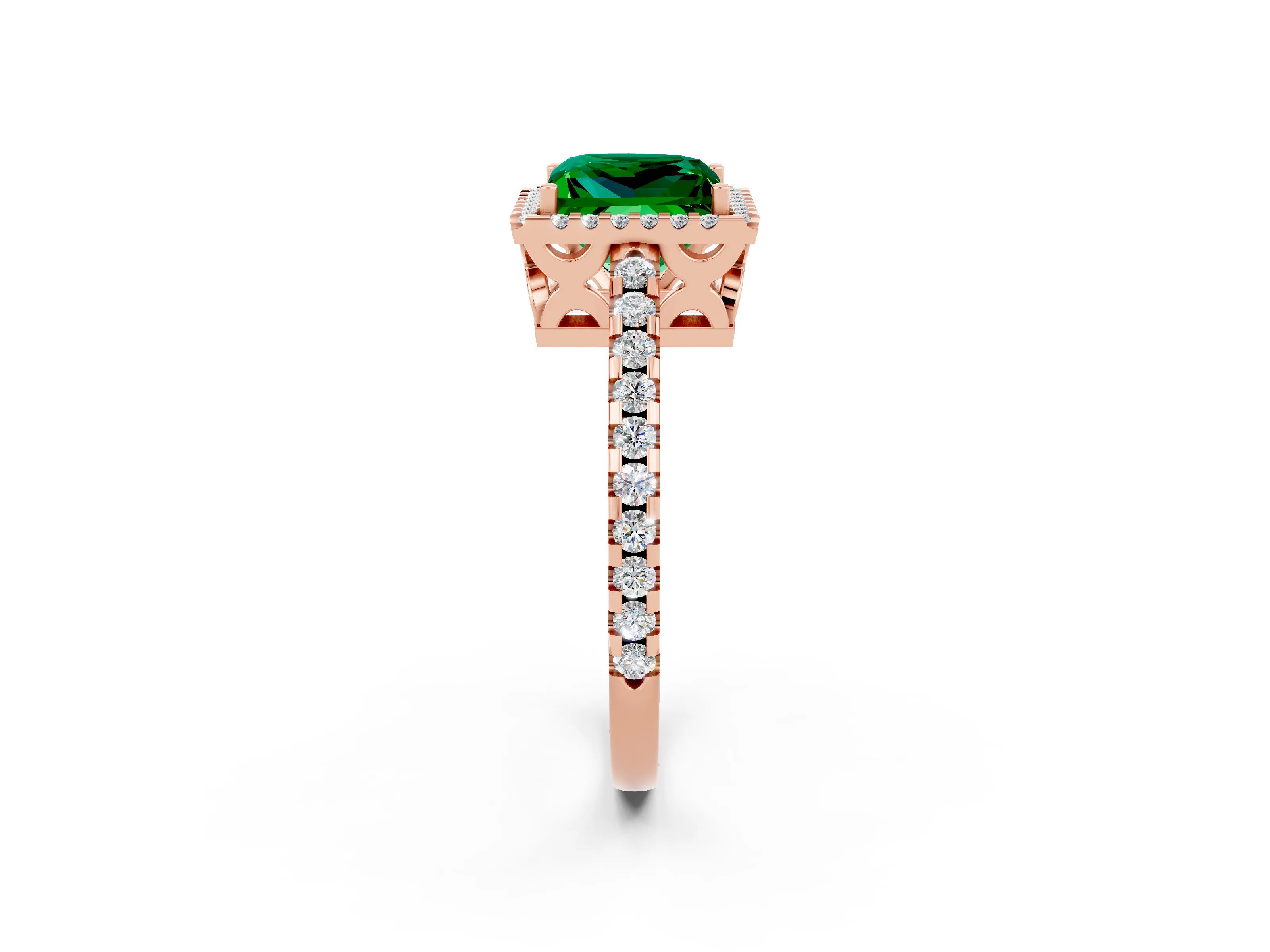 Rose gold Princess Cut Emerald Halo Engagement Ring with Pavé Band and Prong Setting_14