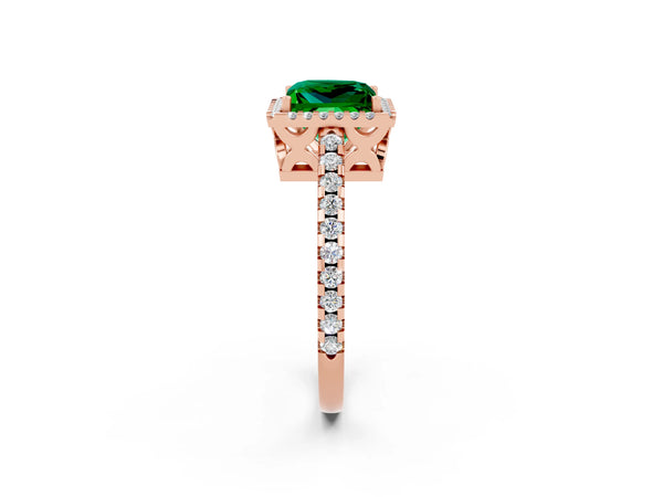 Rose gold Princess Cut Emerald Halo Engagement Ring with Pavé Band and Prong Setting
