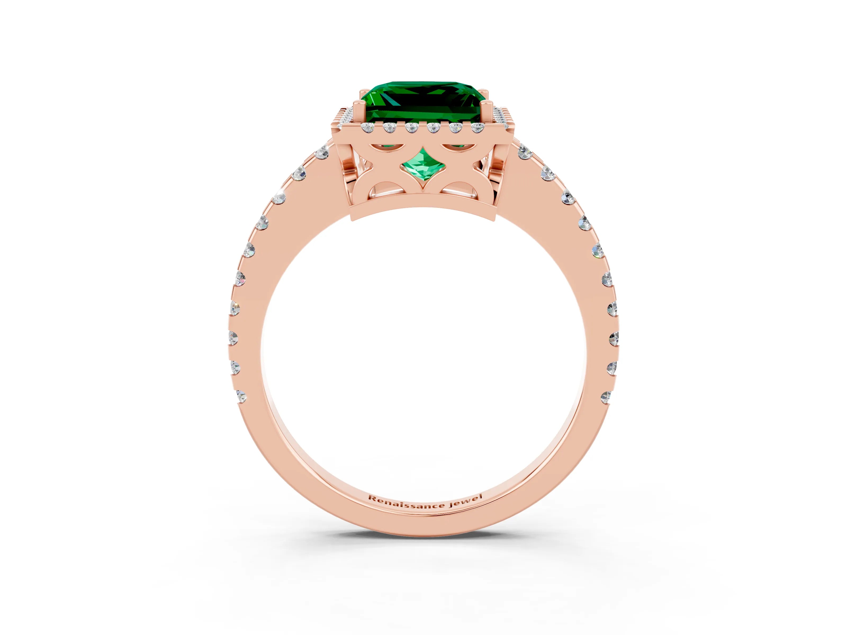 Rose gold Princess Cut Emerald Halo Engagement Ring with Pavé Band and Prong Setting_15