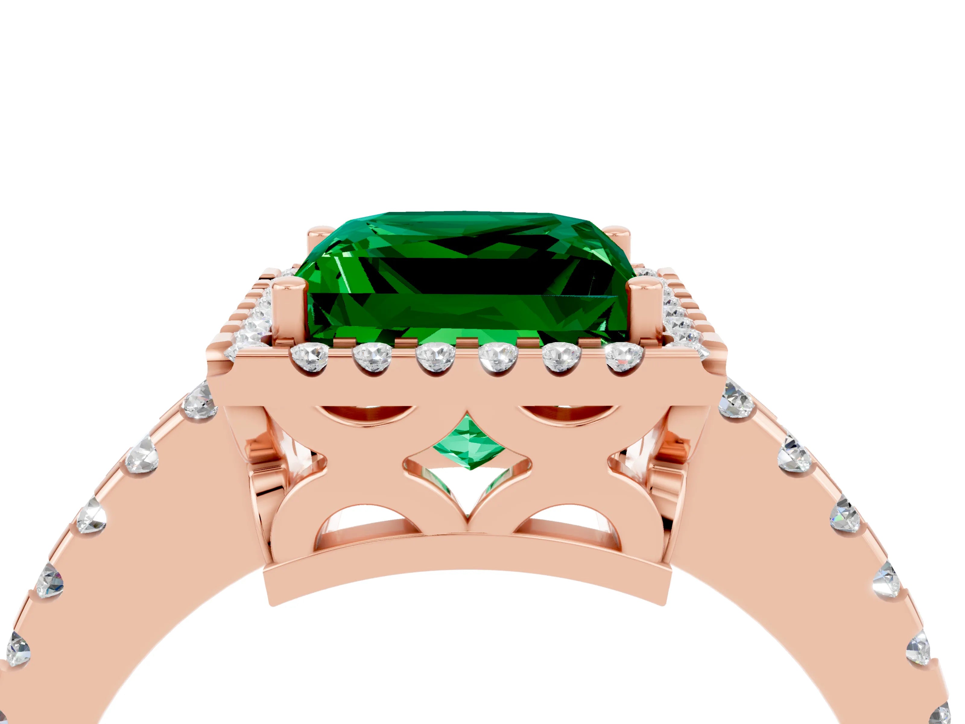 Rose gold Princess Cut Emerald Halo Engagement Ring with Pavé Band and Prong Setting_16
